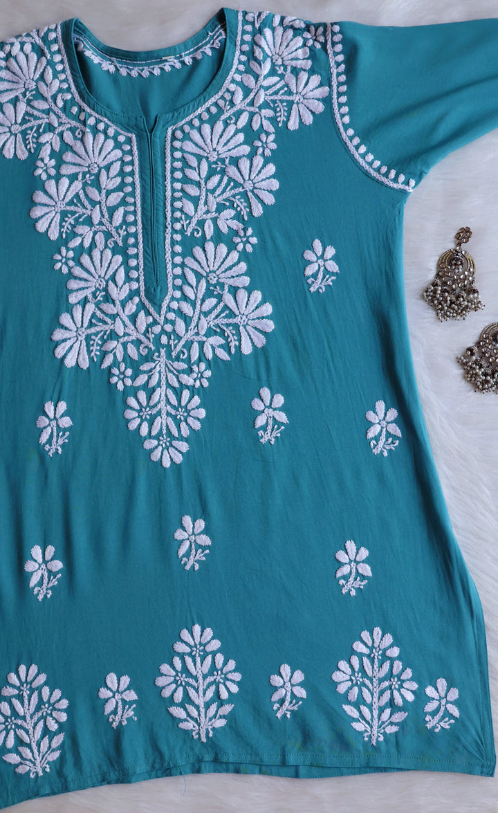Aayat Sea Blue Short Rayon Kurta - Noor Chikankari