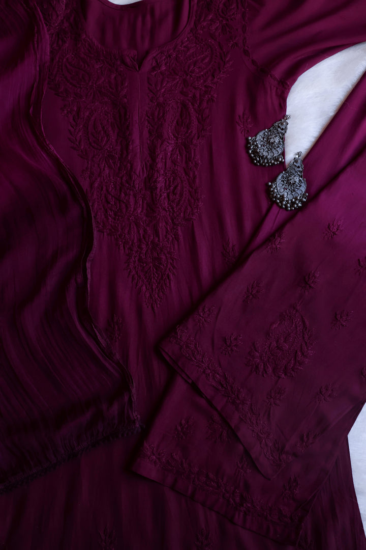 Laila Deep Purple Rayon 3 Piece Set - Noor Chikankari