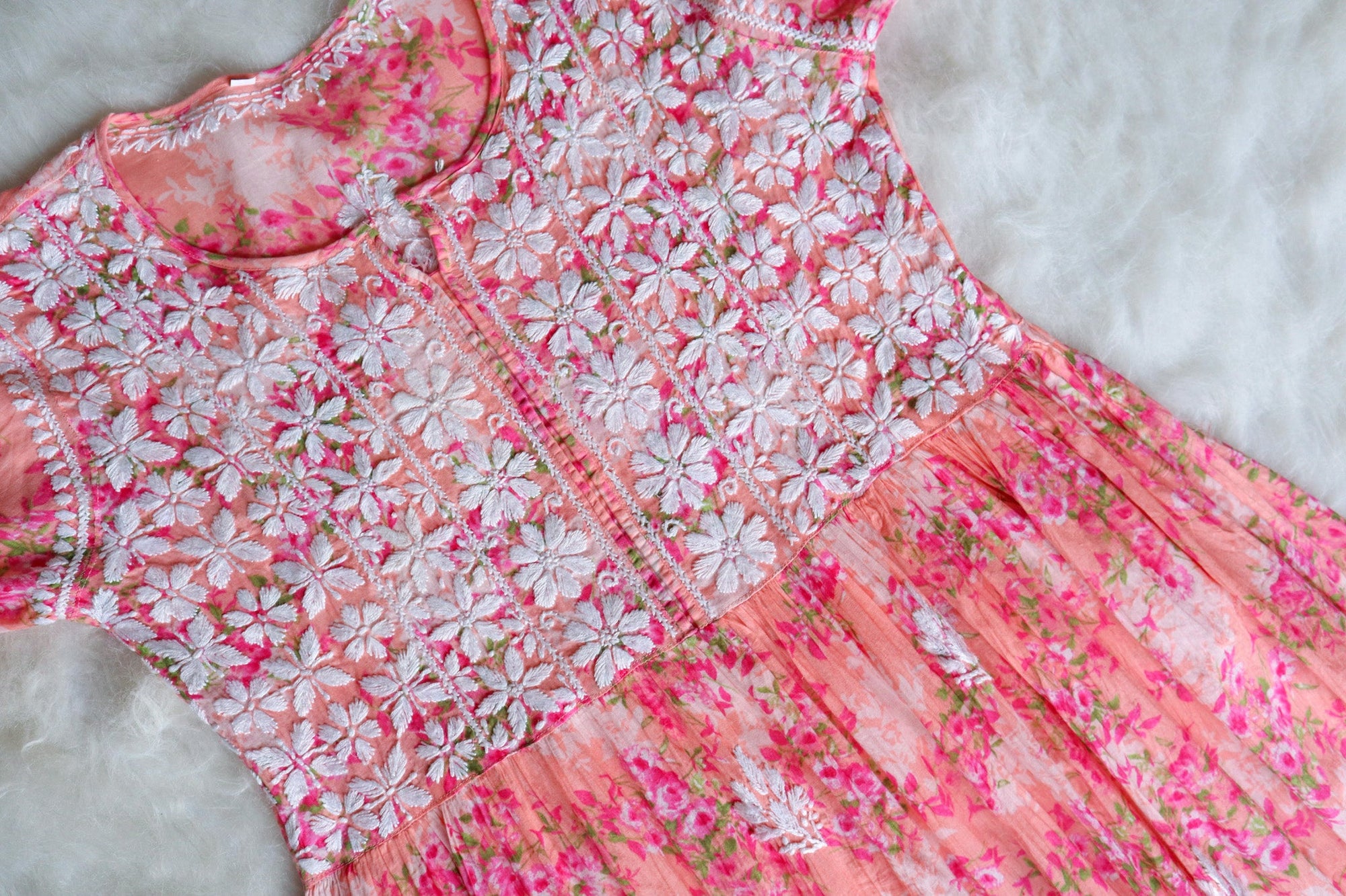 Meera Peach Floral Mulmul Fit & flare Dress