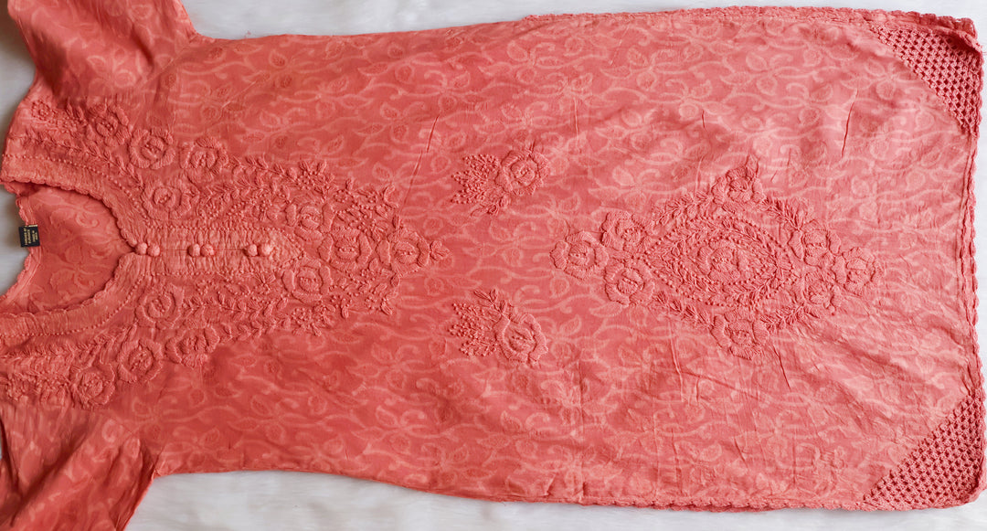Peach Long Jacquard Lace Cotton kurta