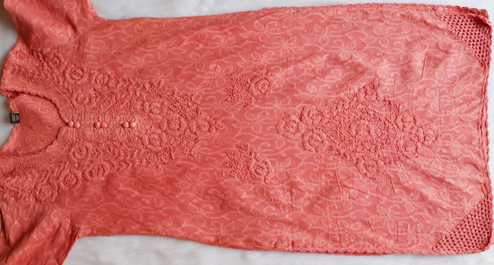 Peach Long Jacquard Lace Cotton kurta