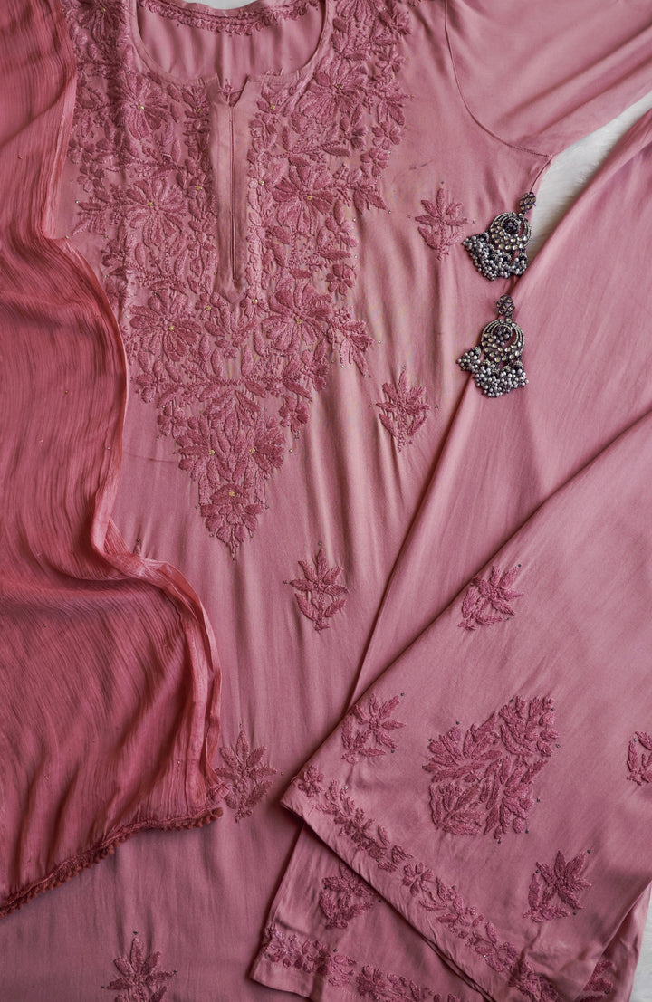 Naira Rose Brown Rayon Mukaish 3 Piece Set