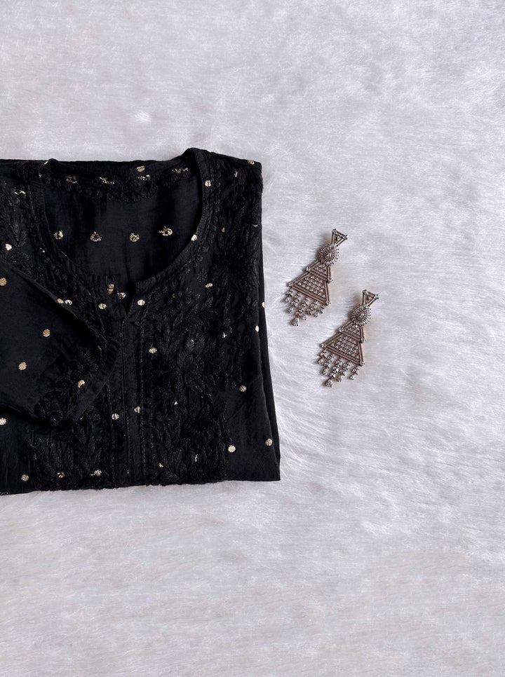 Nazakat Black Long Chanderi Kurta