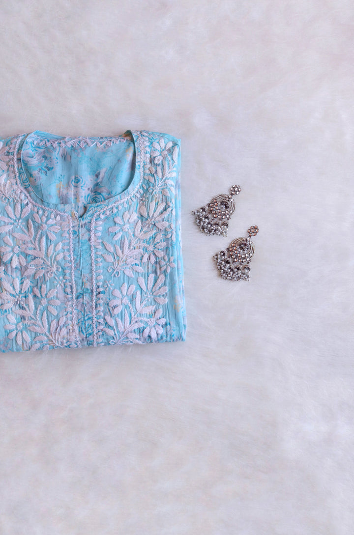 Zahra Sky Blue Floral Long MulMul kurta - Noor Chikankari