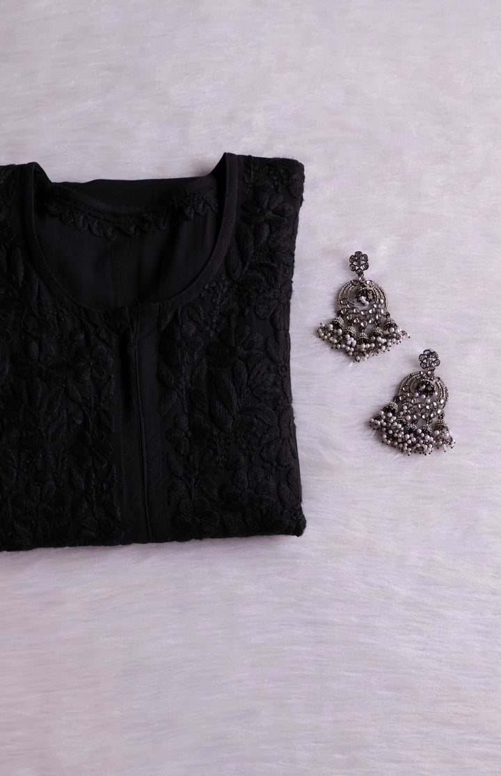 Gul Black Scalloped Long Rayon Kurta