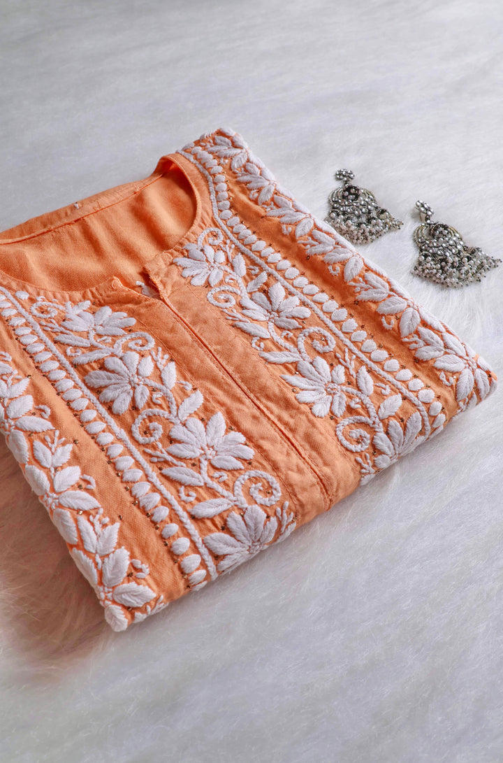Alizah Peach Linen Chanderi Mukaish Kurta
