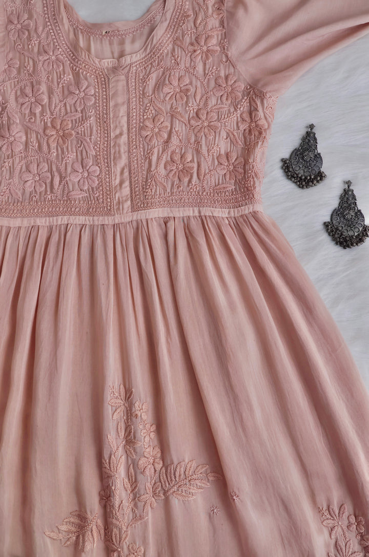 Aafiyat Pure Muslin Beige Chikankari Fit and Flare dress