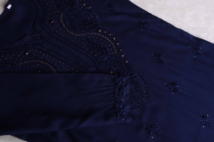 Naida Navy Blue Rayon mukaish Long Kurta