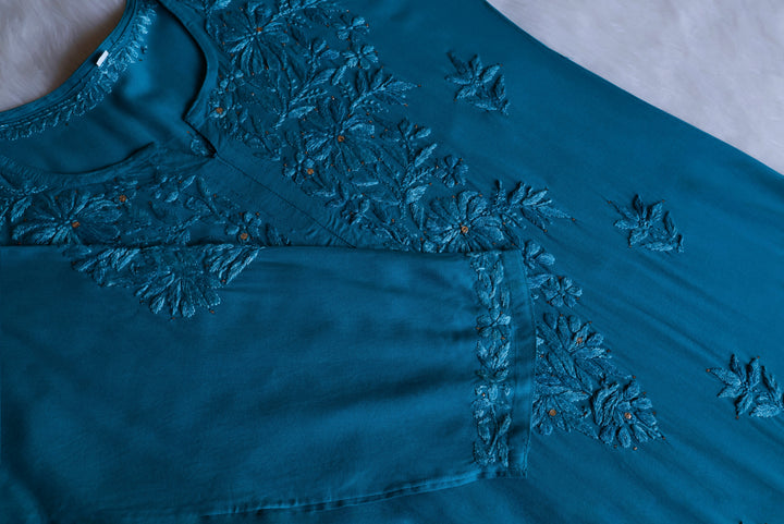 Naira Peacock Blue Rayon Mukaish 3 Piece Set