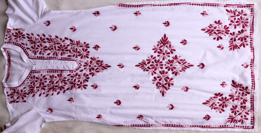 Gul Kashmiri White & Maroon Pure Cotton Kurta