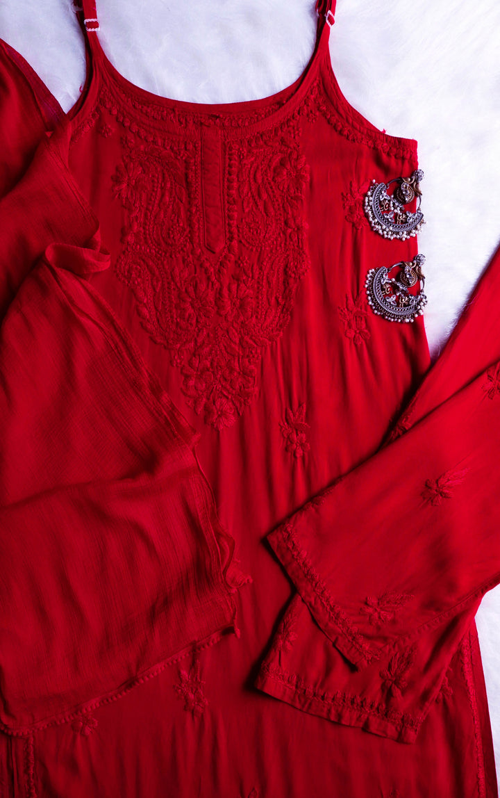 Haania Red Noodle Strap 3 Piece Kurta set
