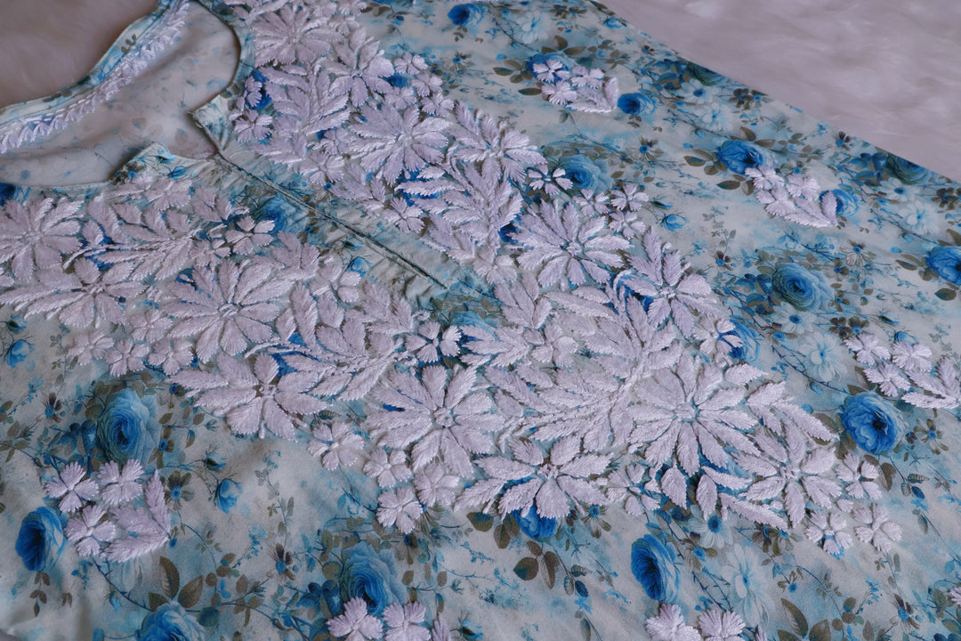 Gulbahaar Ice Blue Floral Long Rayon kurta