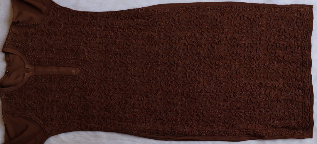 Alayna Chocolate Brown Jaal Viscose Georgette Kurta - Noor Chikankari