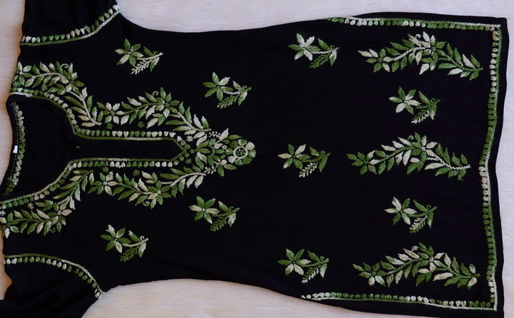 Maaham Black & Olive Green Short Rayon Kurta - Noor Chikankari