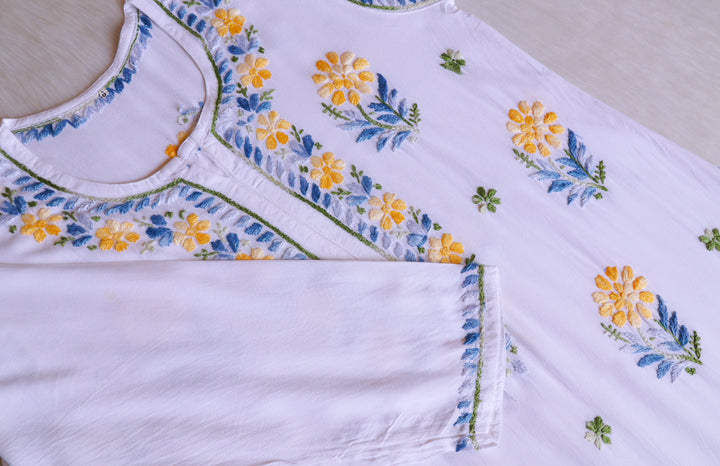 Gul-e-Jahaan White, Yellow & Blue Rayon Kurta