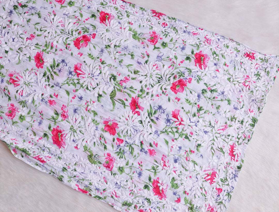 Amna White & Pink Floral Long MulMul kurta
