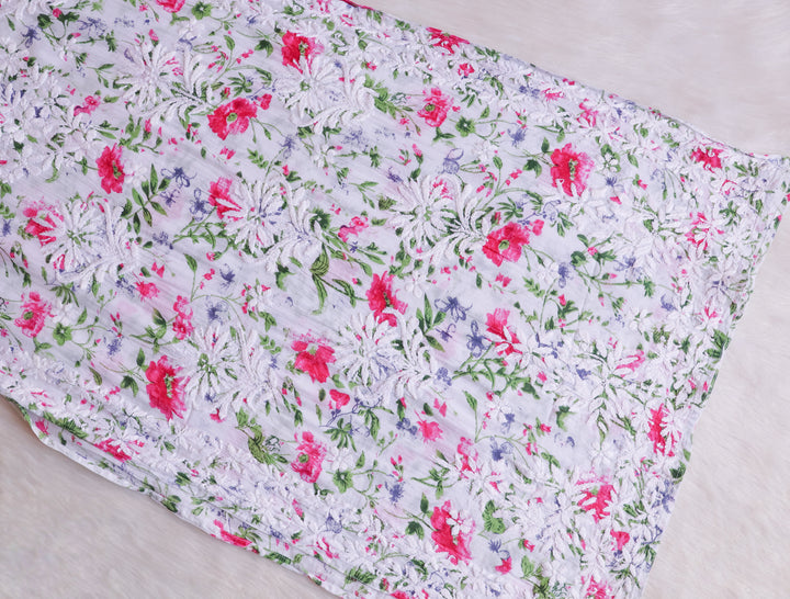 Amna White & Pink Floral Long MulMul kurta