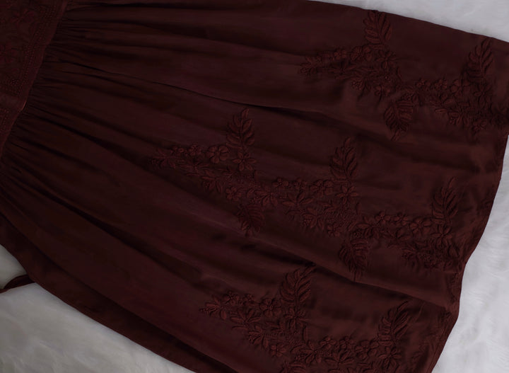 Aafiyat Pure Muslin Chocolate Brown Chikankari Fit and Flare dress
