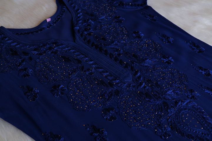 Hanaa Royal Blue Viscose Georgette Kurta - Noor Chikankari