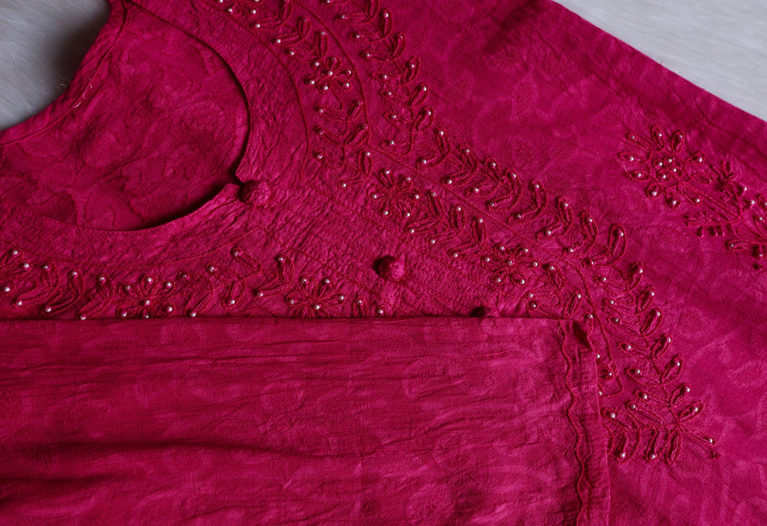 Deep Pink Long Cotton Jacquard Pearl kurta