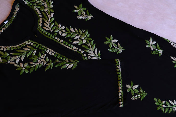 Maaham Black & Olive Green Short Rayon Kurta - Noor Chikankari