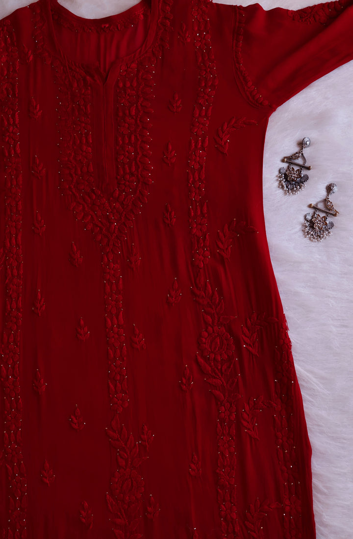 Zamda Red Viscose Georgette Kurta