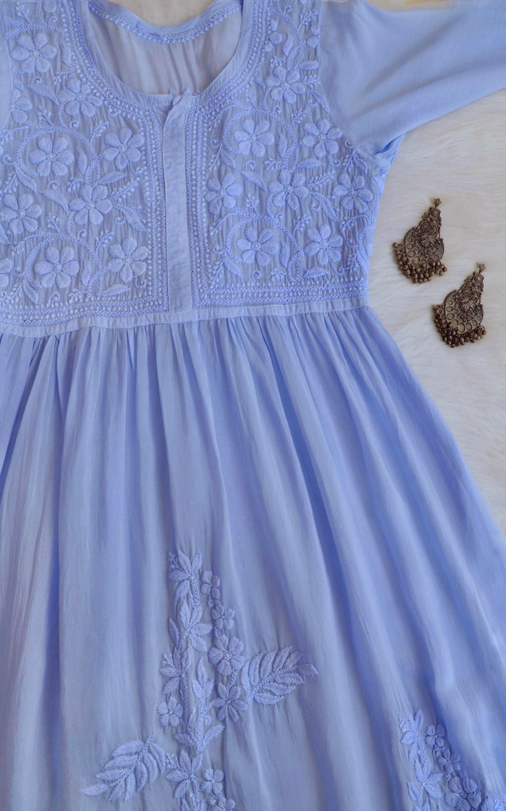 Aafiyat Pure Muslin Ice Blue Chikankari Fit and Flare dress