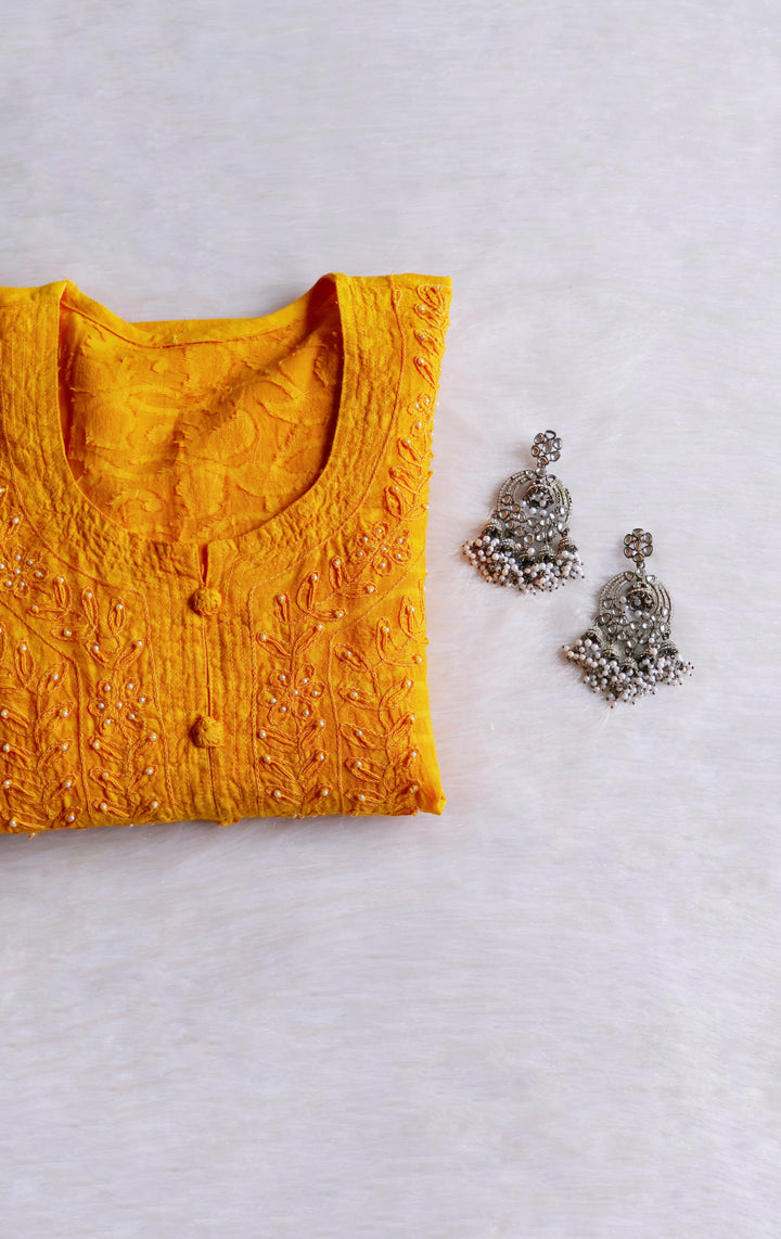 Mustard Long Jacquard Pearl Cotton kurta