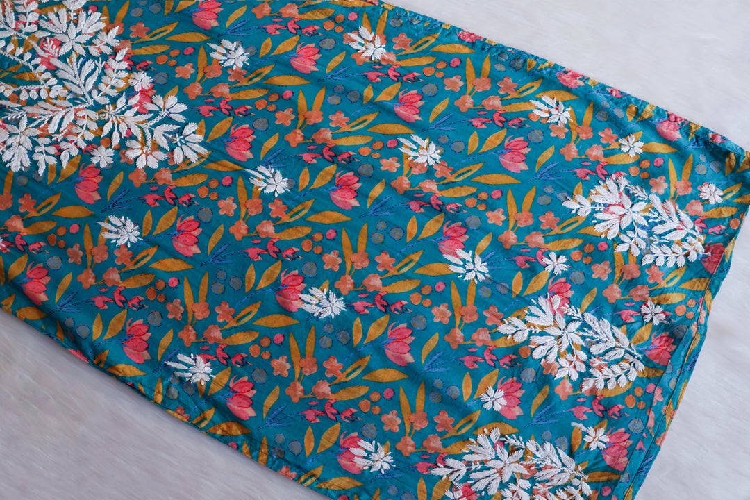 Sajal Teal Blue Pure Mulmul set