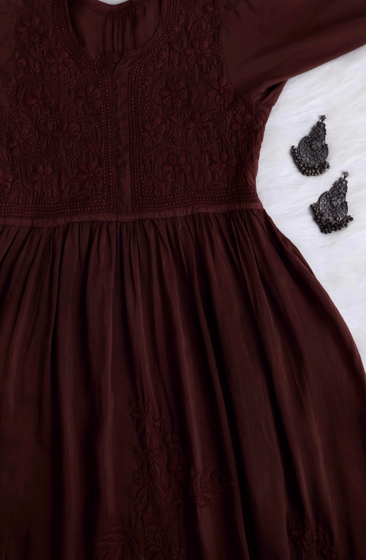 Aafiyat Pure Muslin Chocolate Brown Chikankari Fit and Flare dress