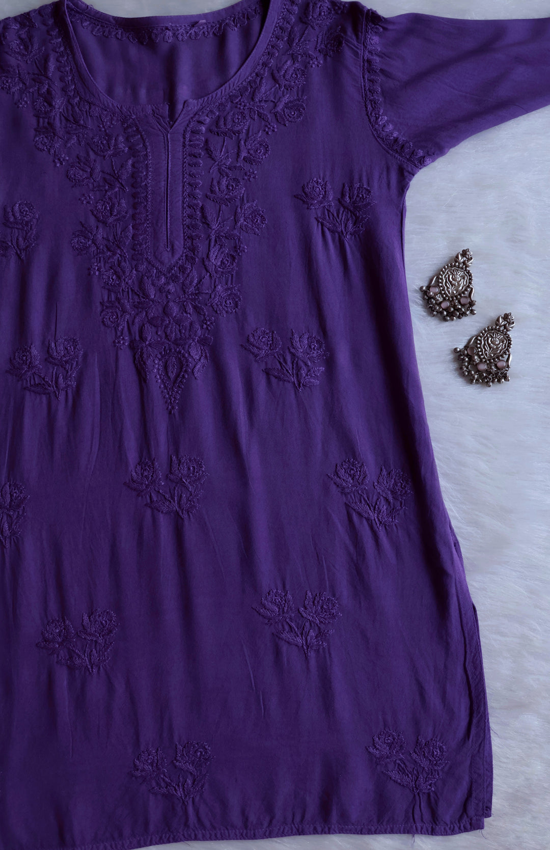 Gul Dusty Purple Short Rayon Kurta - Noor Chikankari