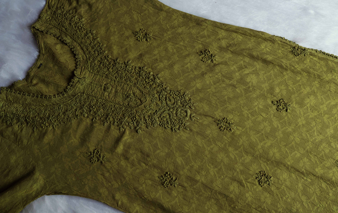 Aaliyah Olive Green Long Jacquard Cotton kurta