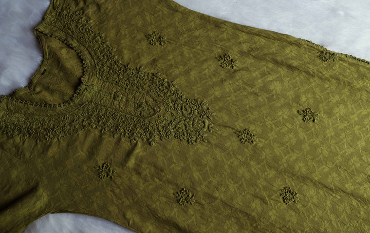 Aaliyah Olive Green Long Jacquard Cotton kurta