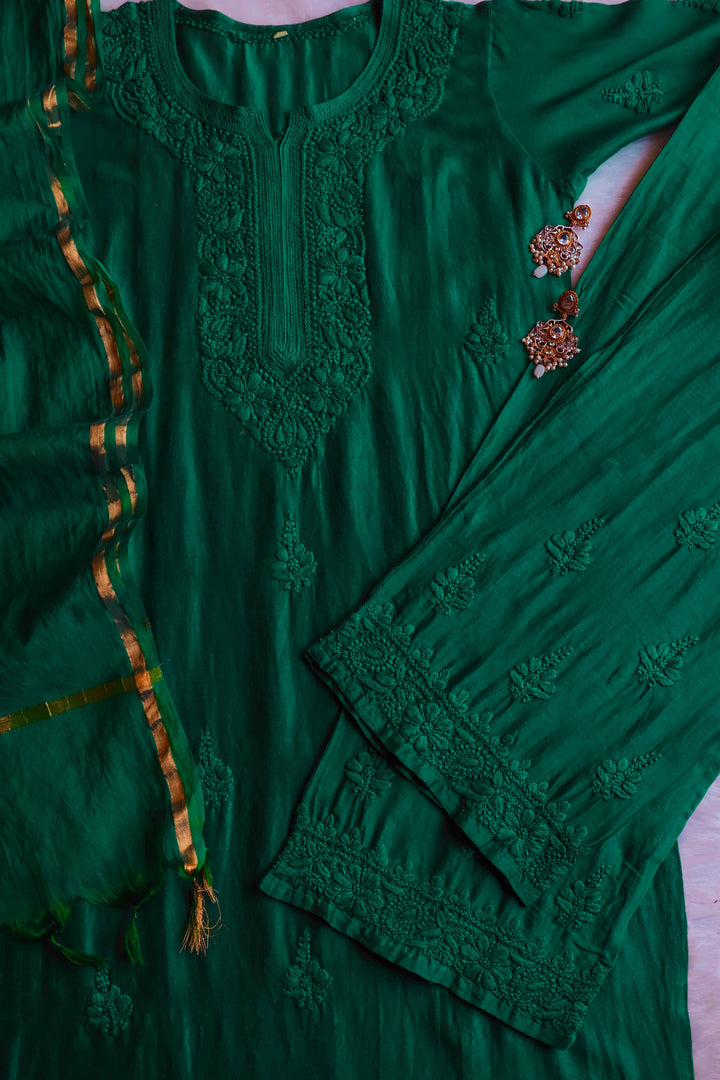 Zimra Luxe Deep Green 3 Piece Pure Chanderi set
