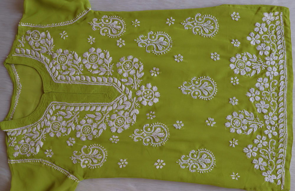 Zaira Olive Green & White Short Georgette Kurta - Noor Chikankari