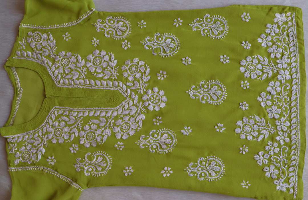 Zaira Olive Green & White Short Georgette Kurta - Noor Chikankari
