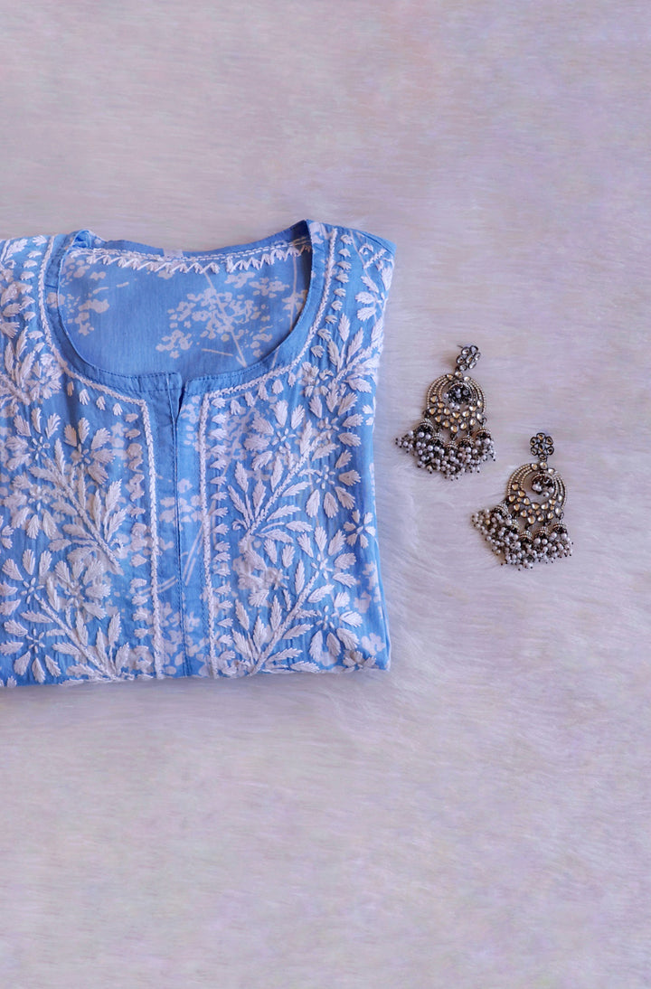 Farhaa Ice Blue Floral Long MulMul kurta