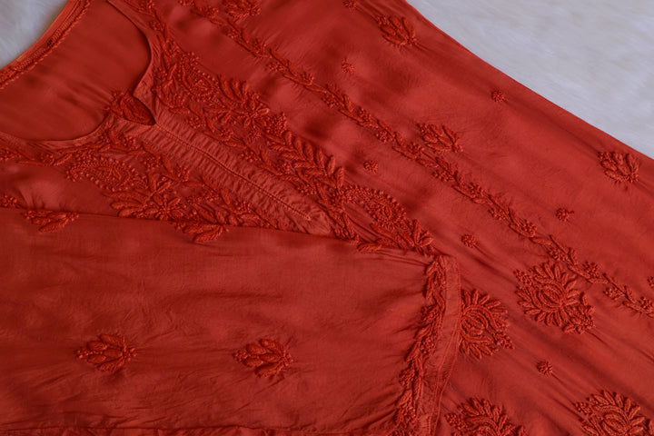 Haania Rust Orange Pure Muslin Kurta - Noor Chikankari