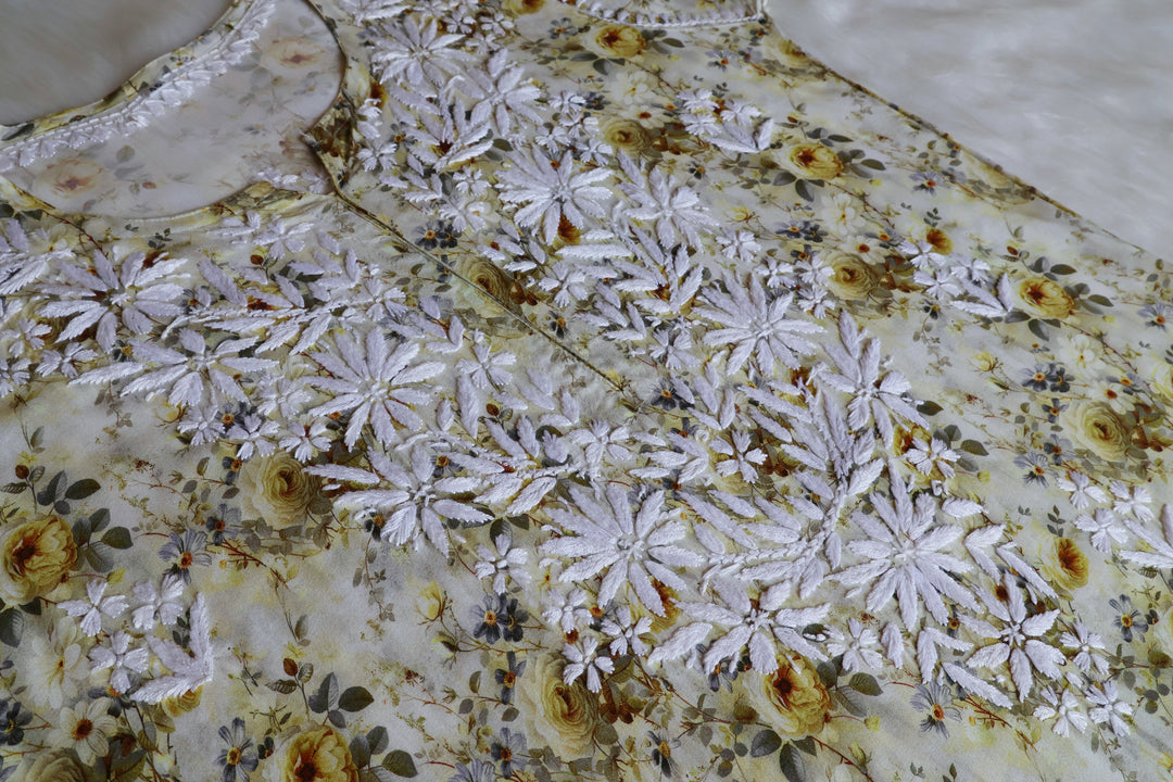 Gulbahaar Olive Green Floral Long Rayon kurta