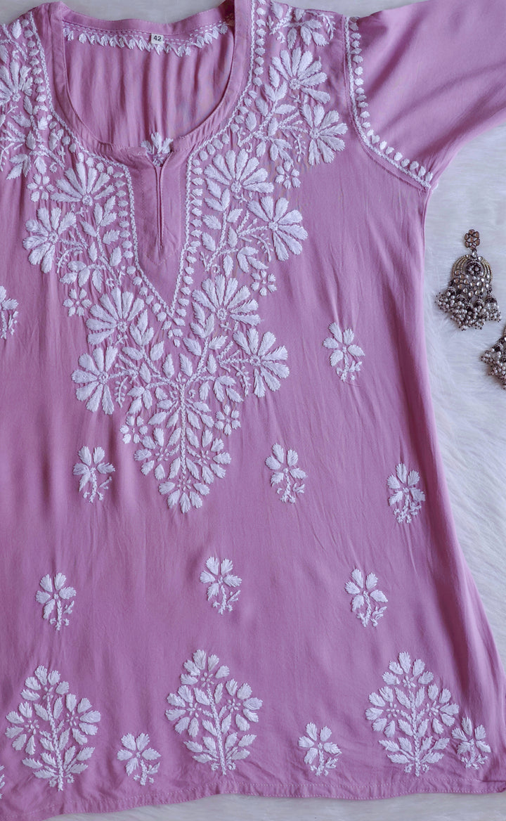Aayat Dusty Lavender Short Rayon Kurta - Noor Chikankari
