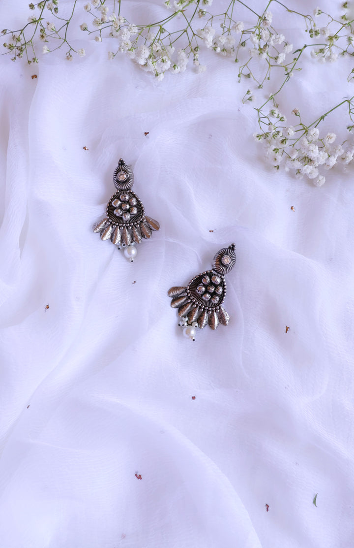 Oxidised White Stone, Pearl & Ghungroo oxidised earrings