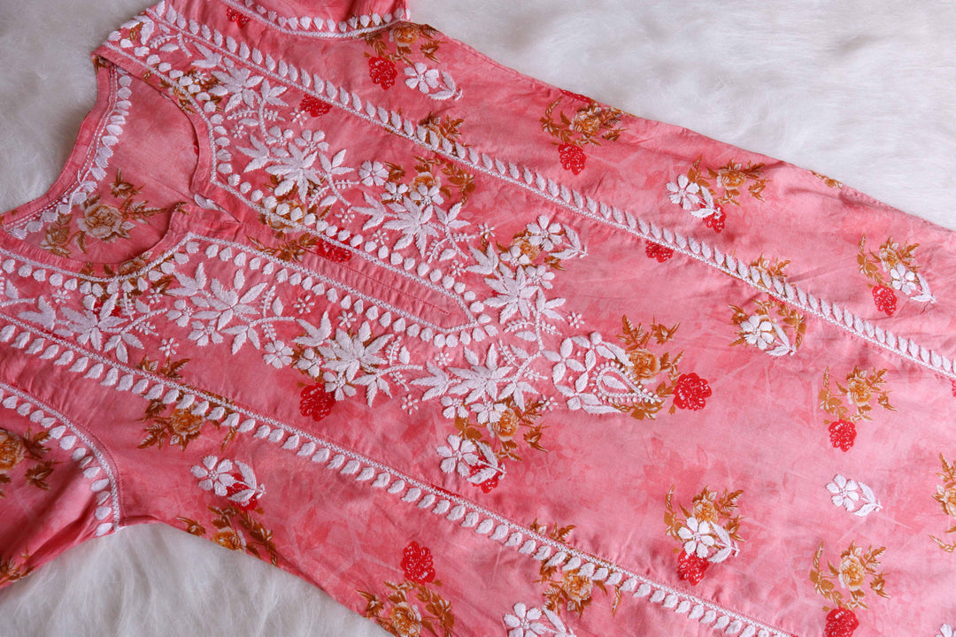 Gul Premium Peach Floral Long MulMul kurta