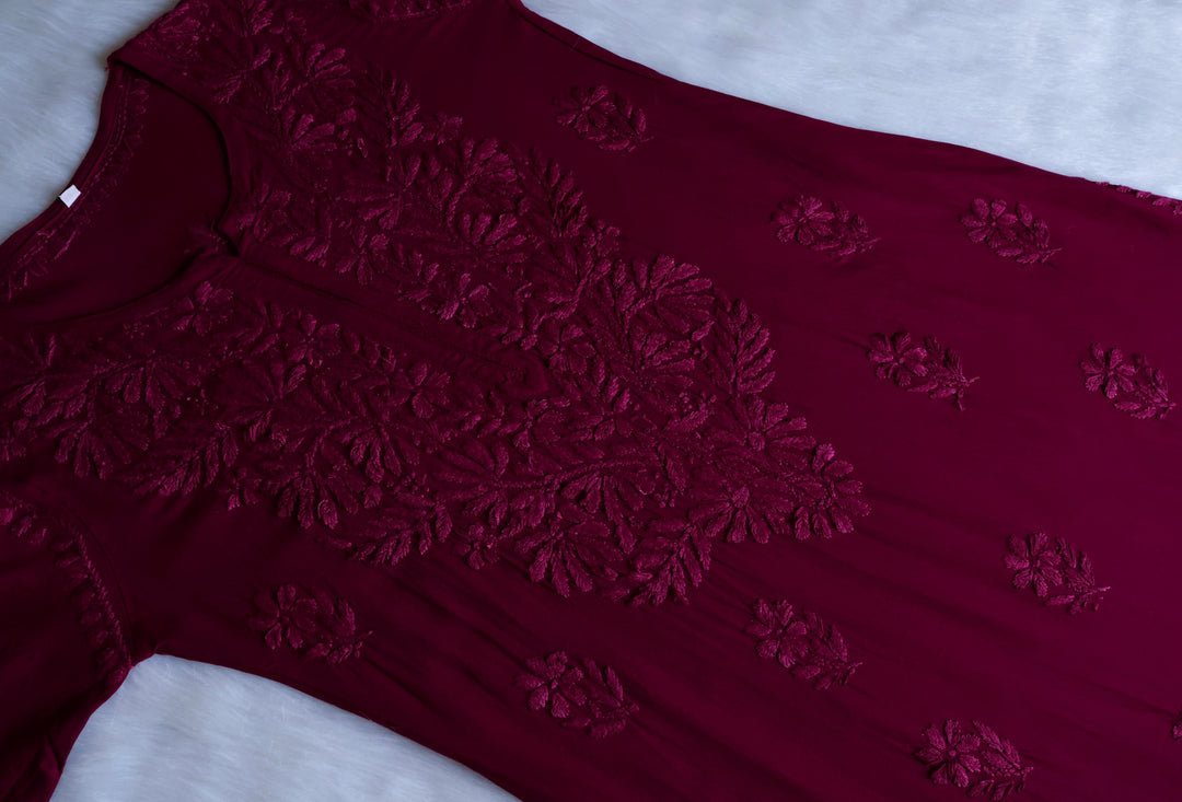 Ayra Deep Plum Long Rayon kurta - Noor Chikankari