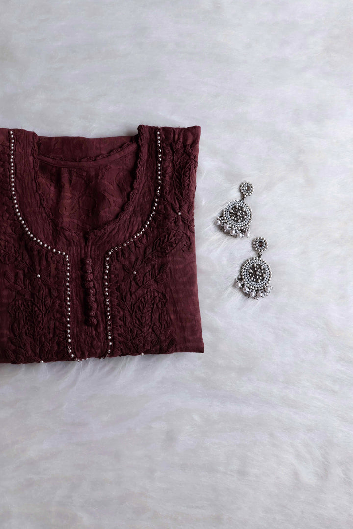 Chocolate Brown Long Cotton Jacquard Pearl kurta