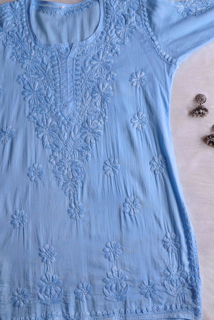 Nazakat Ice Blue Cotton short kurta