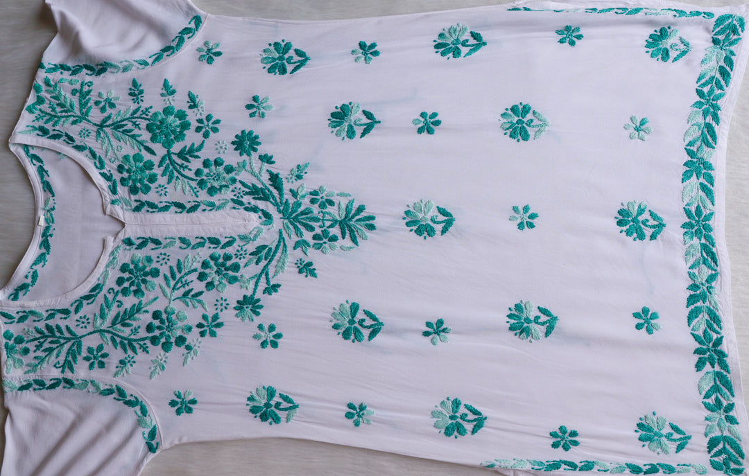 Gulbahaar White & Teal Cotton short kurta