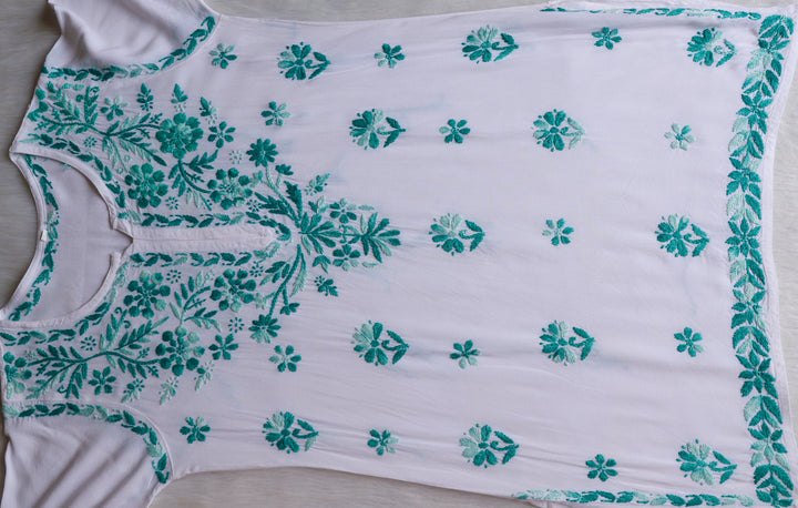 Gulbahaar White & Teal Cotton short kurta