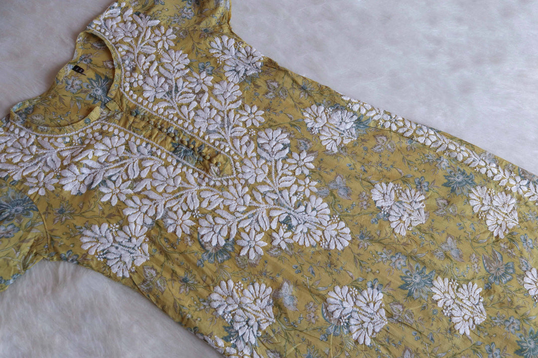 Abiha Lime Yellow Floral Luxe MulMul kurta