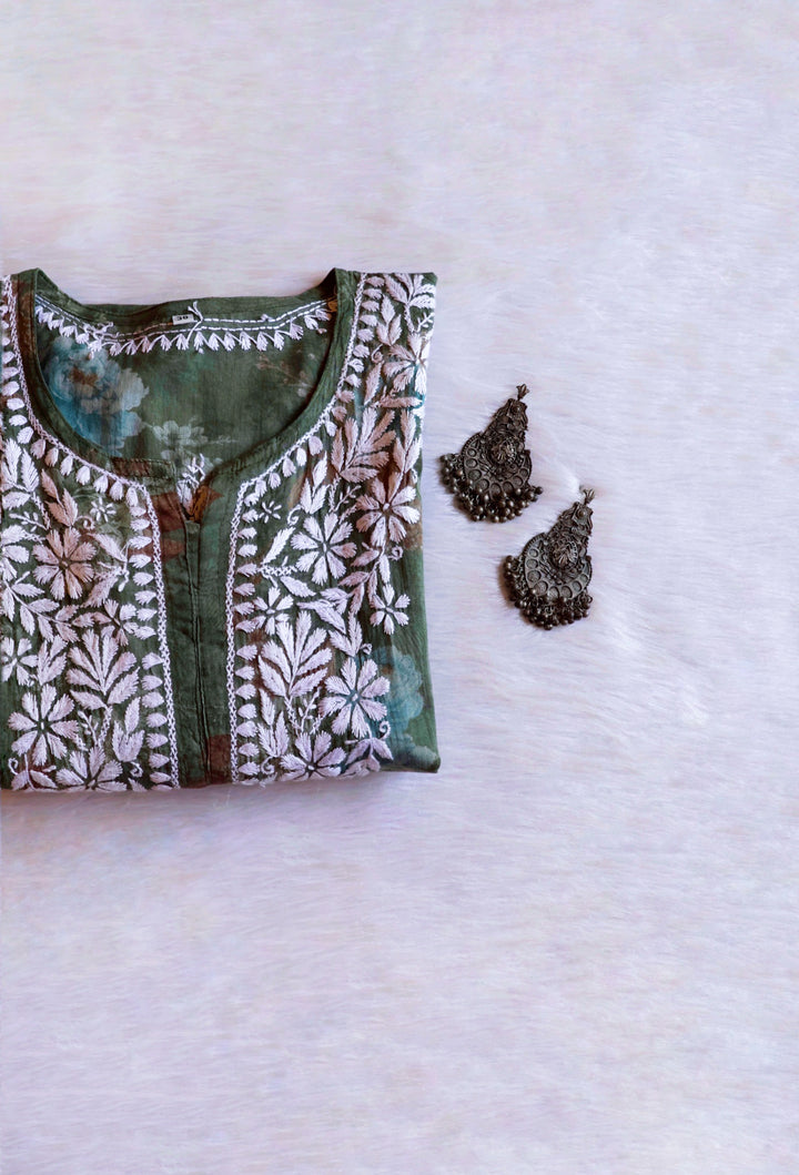 Dahlia Green Floral Long MulMul kurta - Noor Chikankari