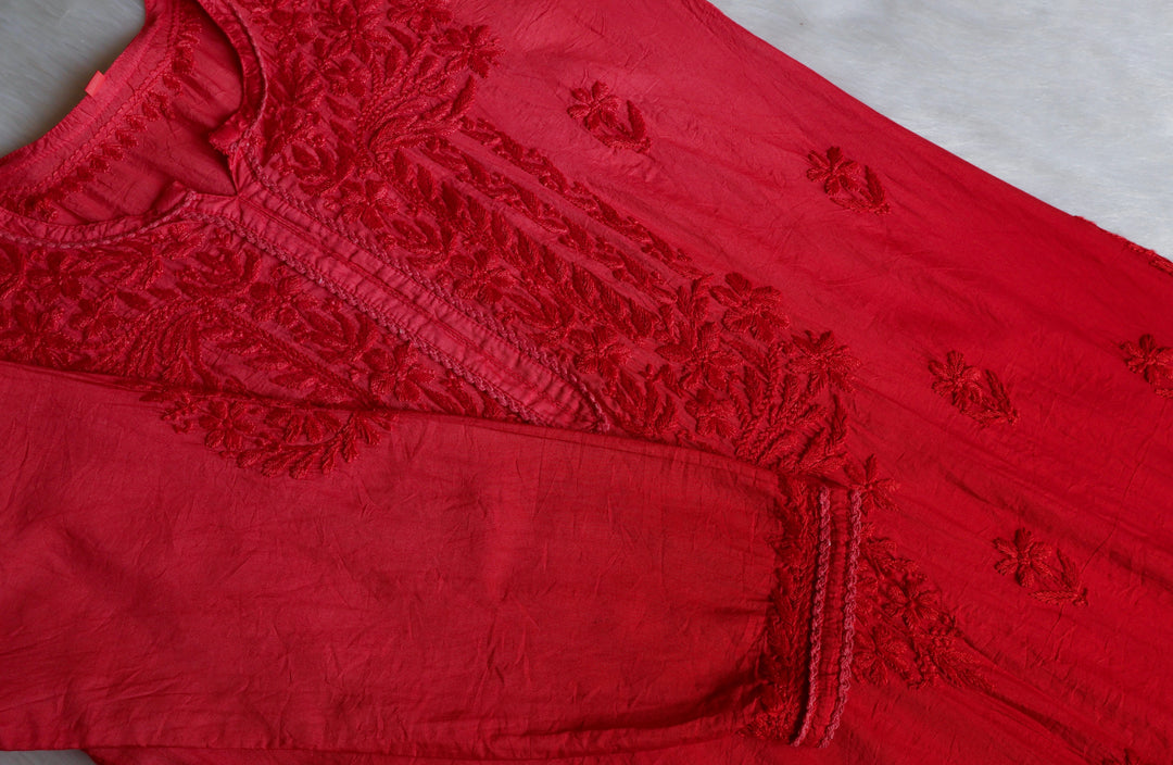 Ruhaab Coral Red Pure Chanderi set